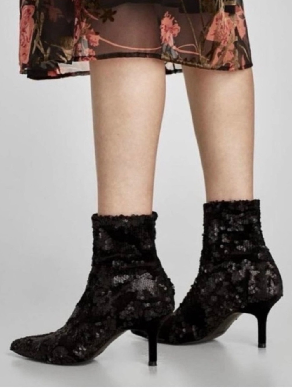Zara Black Sequin and velvet Pointed Ankle Boots with Kitten Heel